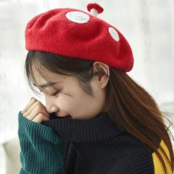 

berets women kids novelty cute small mushroom red beret cap handmade faux felt wool white point vintage french artist painter hat, Blue;gray