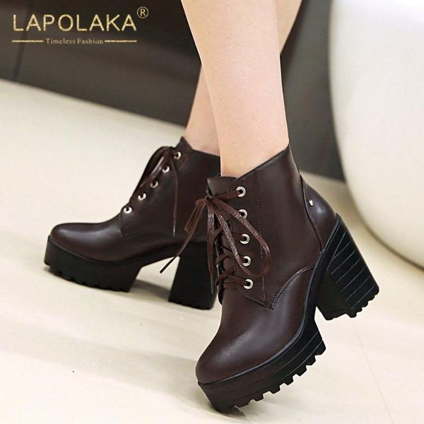 

boots lapolaka 2021 design big size 43 chunky high heels ankle female lace up concise platform spring autumn women, Black