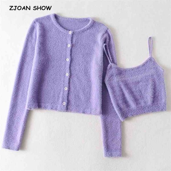 

1 set spring korea style vintage solid color cardigan tank round collar single-breasted button knitted sweater jumper 210429, White;black