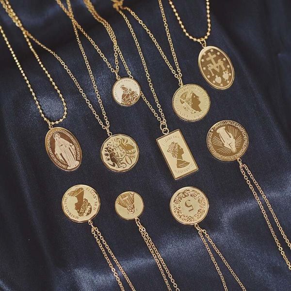 

pendant necklaces vintage coin necklace choker women minimalism carved gold charm boho jewelry statement, Silver