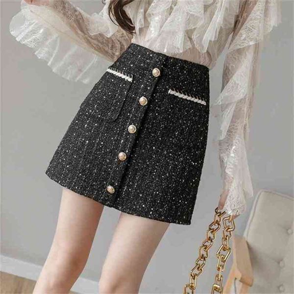 

women tweed skirt korean of autumn/winter high waist slimming a fashion double-breasted mini 210603, Black