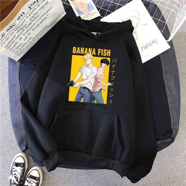 

banana fish japanese cartoon anime print men hoodie pocket warm hoody o-neck loose hoodies autumn fleece sweatshirt mens fashion, Black
