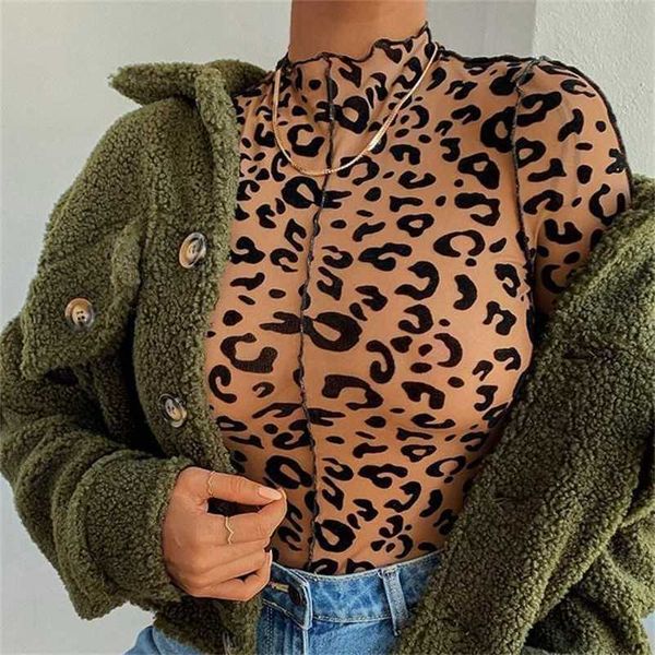 Omsj Mulheres Sexy Leopard Impresso Bodysuit Brown Neck High Neck de Manga Longa Jumpsuit Clubwear Tops Básico Macacões para Senhoras 211110