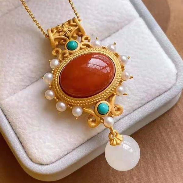 

s925 sier inlaid natural southern red agate pearl turquoise pendant necklace niche light luxury charm female brand jewelry set, Black