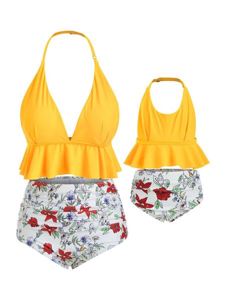 

one-piece suits halter floral plus size flounce family bikini swimsuit
