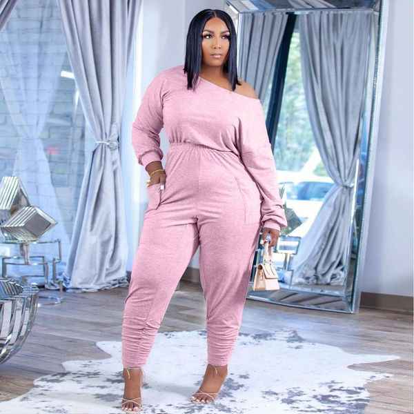 

plus size tracksuits casual jumpsuit women oversize inclined shoulder loose street wear solid female fitness overalls set rompers, Black