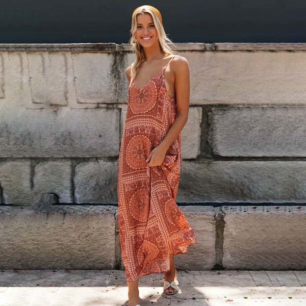 

dresses ethnic printed strap maxi backless v neck sleeveless vintage vestidos summer boho loose casual women cami 4qki, Black;gray