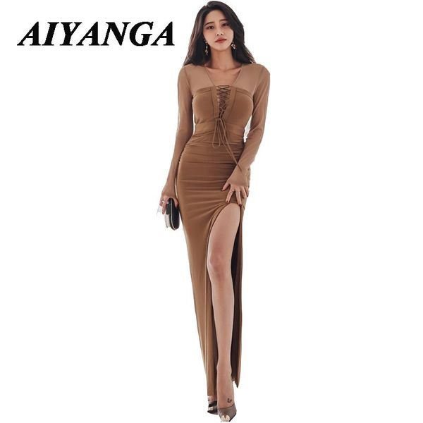 

casual dresses see through women long dress 2021 spring autumn lace up v-neck sheath bodycon high split party night club vestidos, Black;gray