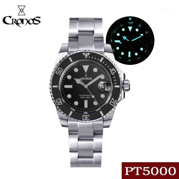 

cronos sub-diver luxury men watch stainless steel pt5000 bracelet ceramic rotating bezel 200 meters water resistant wristwatches, Slivery;brown