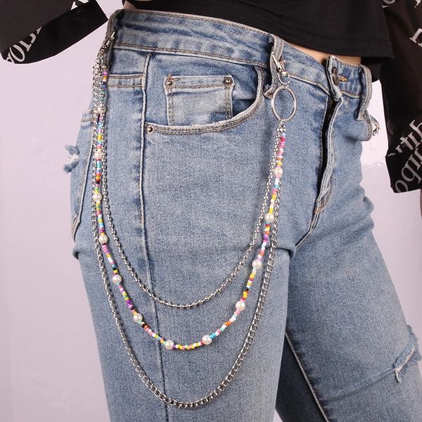 

2021 fashion accessories chic simple multi-layers colorfful beads pants chain holder trendy imitation pearl waist chains jewelry, Silver