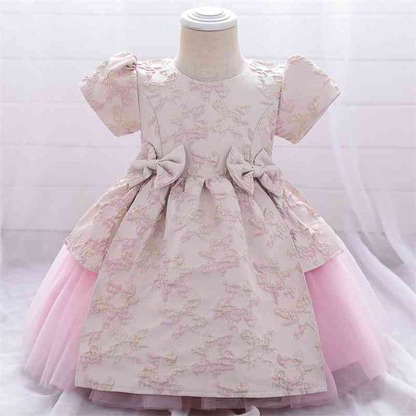 

baby girls pufll sleeve formal dress for birthday born bows tulle tribute embroidery princess costume 210529, Red;yellow