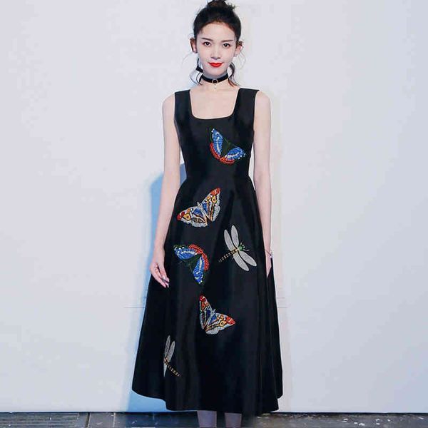 

elegant embroidered dragonfly butterfly summer dress of sleeveless black ladies kl0w, Black;gray