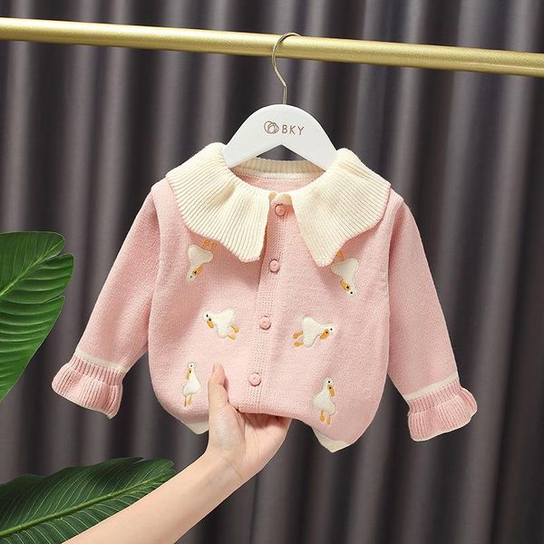 

pullover autumn children's sweater girl's lapel embroidered cardigan duck sweet princess coat, Blue