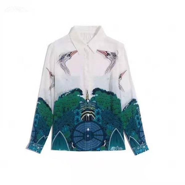 

women's blouses & shirts european and american women's clothes will be styles in spring long-sleeved printed silk shirt with lapel, White