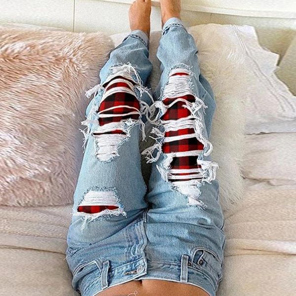 

high waist straight jeans pant for women snowman print ripped plus size tassel hole pencil pants streetwear women's, Blue