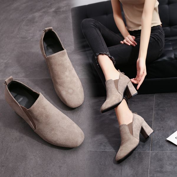

autumn and winter style square suede short thick heel women's casual naked boots, Black