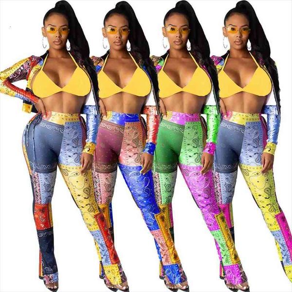 

cm.yaya street bandanna print sweatsuit womens set zipper jacket flare slit pants set active tracksuit two piece fitness outfit, Gray