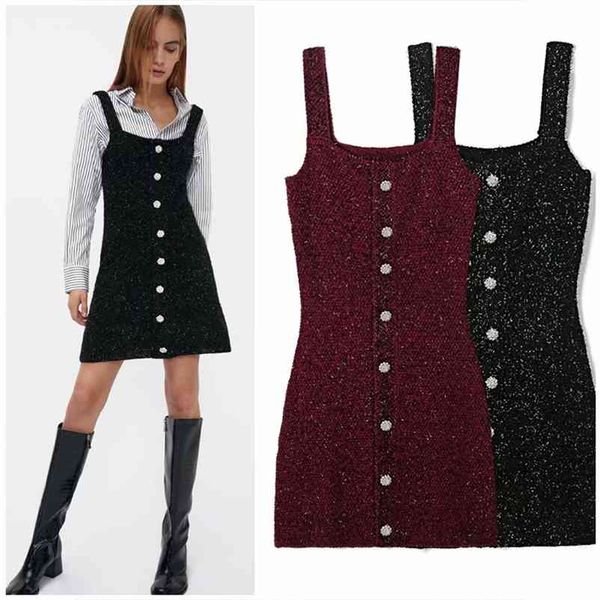 

za autumn winter women sling dress single breasted sleeveless party office ladies elegant girls causal outfits 210422, Black;gray