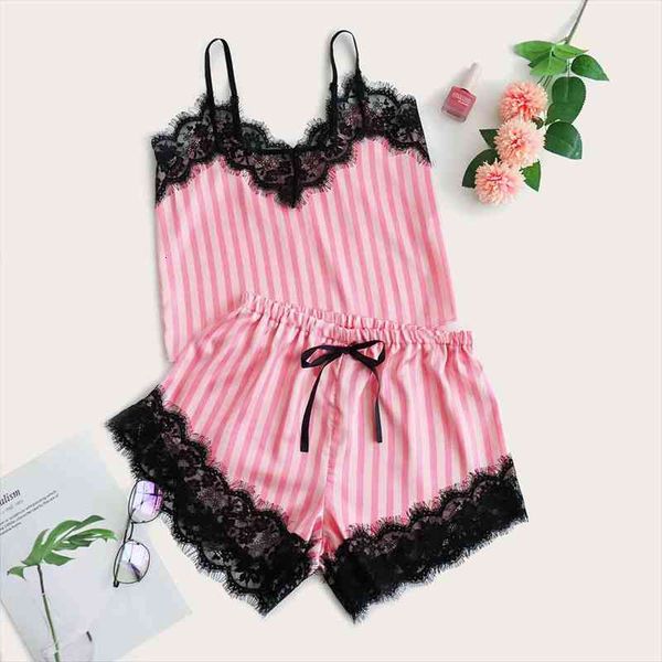 

lace trim satin cami and striped shorts pajama set women lingerie set summer nightgown ladies sleepwear fast delivery, Black;red