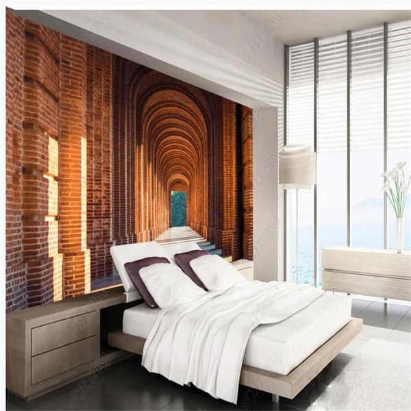 

european-style 3d murals wallpaper for living room arched corridor brickwork embossed line background wall 3d wallpapers