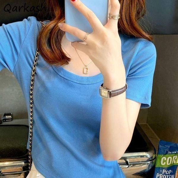 

women's t-shirt t-shirts women side-slit summer tender casual pure color stylish ulzzang female square collar all-match streetwear muje, White