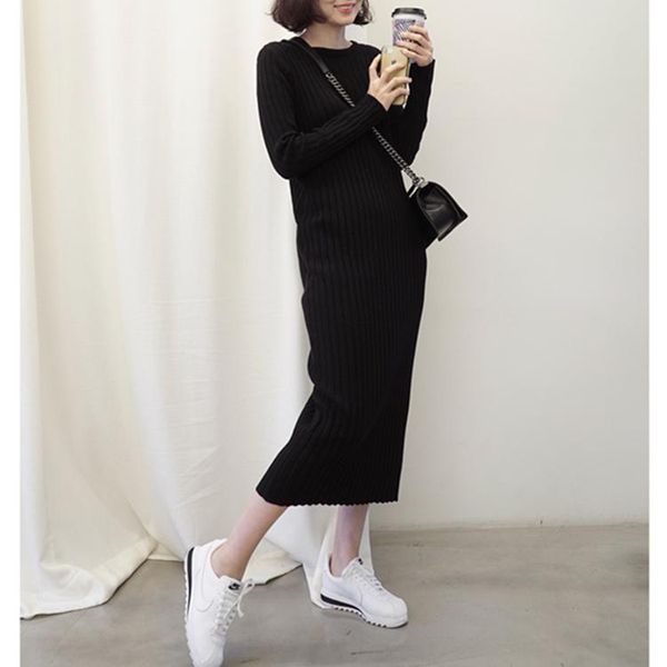 

casual dresses in the autumn and winter long round collar loose over-the-knee cashmere sweater female render light sweaters niche luxury swe, Black;gray