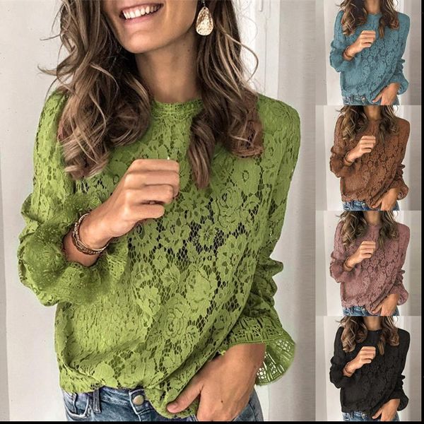 

lace crochet flower casual solid womens blouses color long sleeve autumn o neck out, White