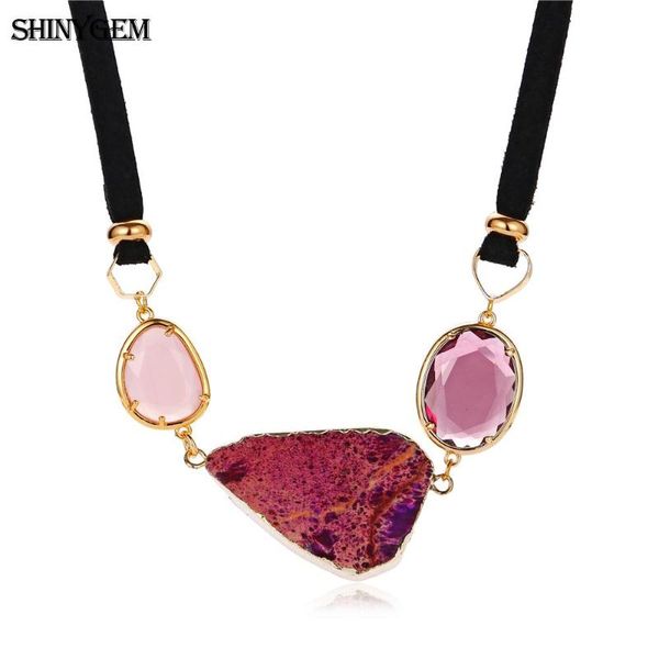 

chokers shinygem cute natural stone choker necklace irregular rose sea sediment jaspers black leather for women, Golden;silver