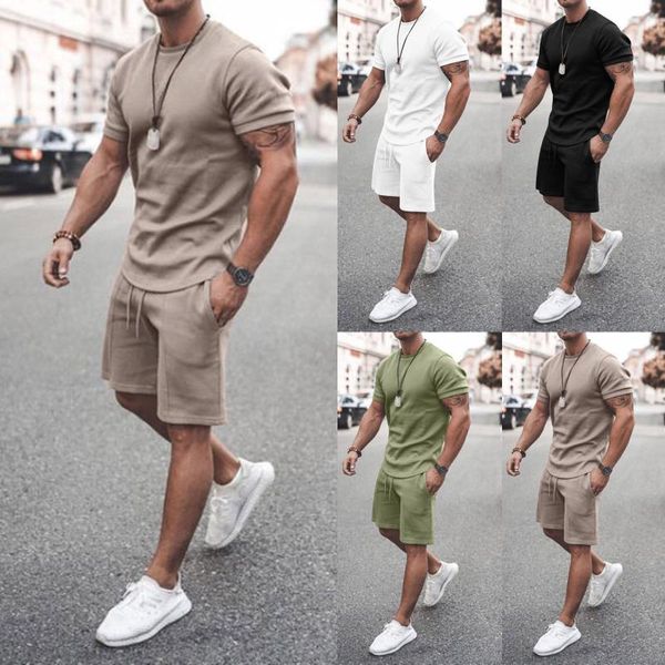 

gym clothing 2021 summer short sleeve shorts solid two piece sports casual men's suit sport running loose quick dry sportwear, White;black