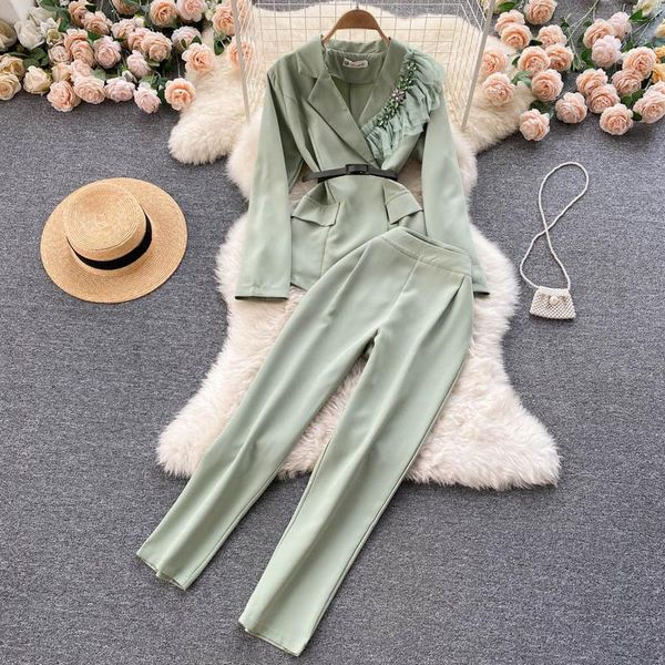 

women's two piece pants blazers office elegant ladies sets workwear outfit female diamond jacket ruffle coat suit set loose blazer, White