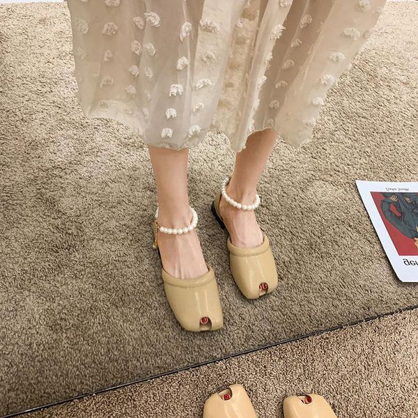 

sandals novelty string bead modern women summer shoes thick heels chain sandales pearl cut out cover toe sandalias mujer 2021, Black