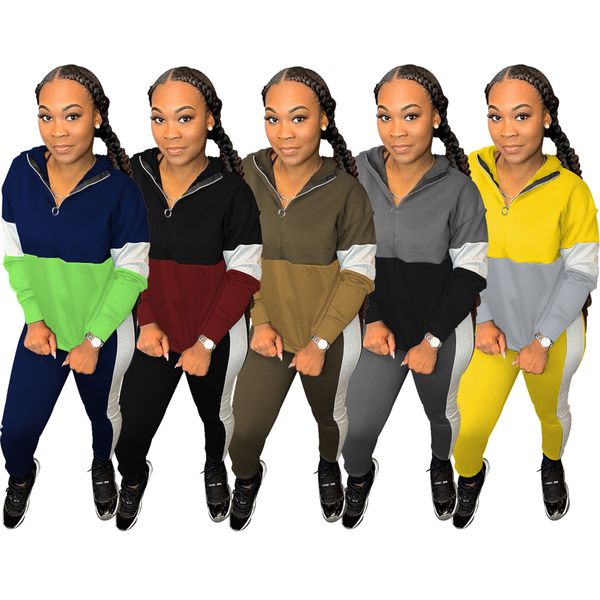 

autumn winter women set sporty trasuit hooded full sleeve pants suit patchwork casual two piece set night outfits w8066by, White