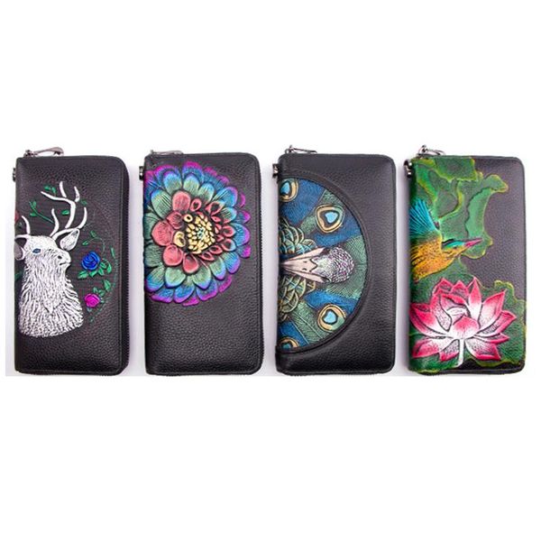 

wallets vintage embossing lotus floral/deer/peacock pattern genuine leather lady purse long fashion national women daily clutch, Red;black