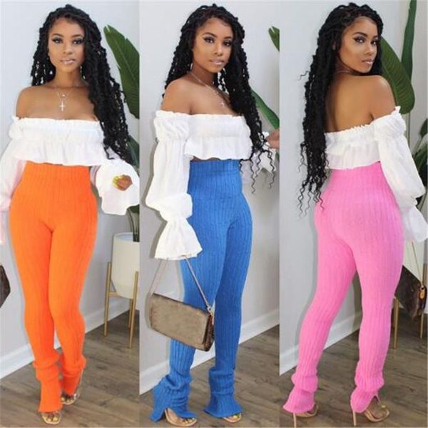 

women knitting pants trousers high-waist solid side split casual slimming wear stacked bottoms fall women's & capris, Black;white