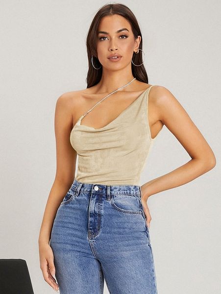 

one shoulder rhinestone chain velvet 02nf#, White