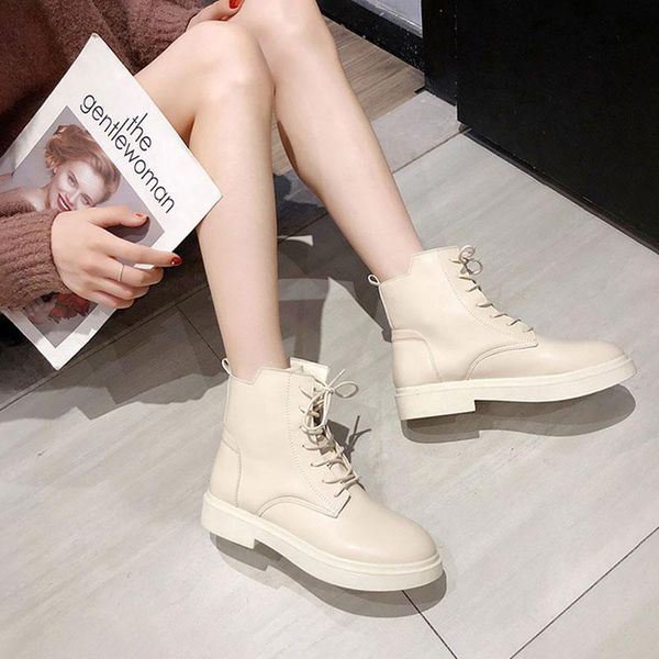 

boots women 2021 fashion pu leather motorcycle lace-up black comfort platform shoes woman ladies