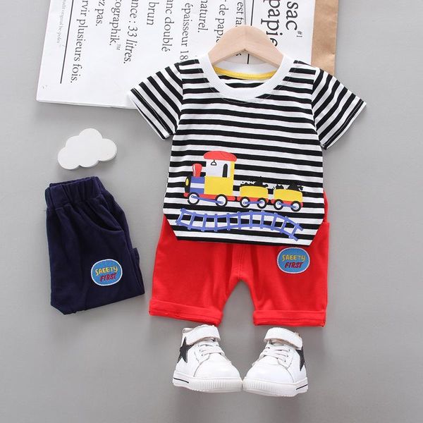 

cool kid boys summer clothes kids infant outfit with sunhat fashion cartoon stripe t-shirt+shorts 2pc/set toddler girls clothing sets, White