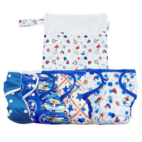 

cloth diapers washable eco-friendly five pieces blue diaper with nappy bag
