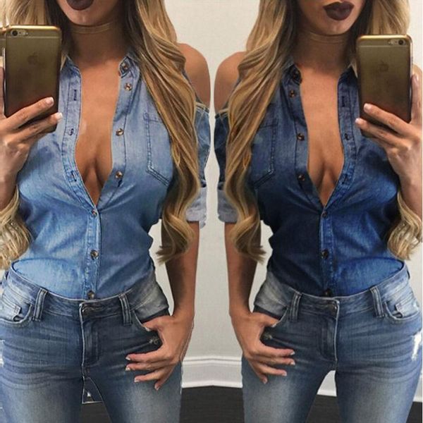 

women's blouses & shirts fashion elegant retro women casual blue jean soft denim long sleeve shirt blouse, White