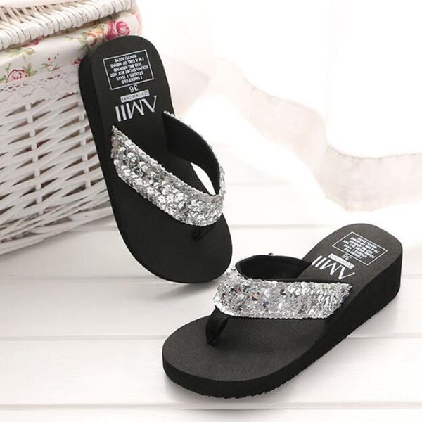 

fashion rhinestone women flat slippers flip flops summer women crystal bling beach slides chunky heel sandals casual shoes slip on slipper b, Black