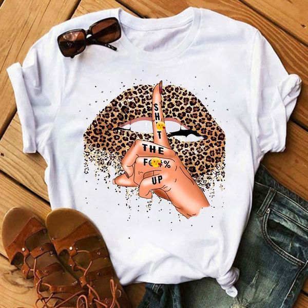 

leopard lips printed t shirt women fashion summer short sleeve t-shirt white tees harajuku korean female shirts women's