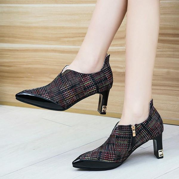 

dress shoes women's heeled spring 2021 fashion zip striped checkered tip square heel non-slip u28-18, Black
