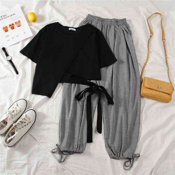 

two piece set summer clothes for women dresy damskie fashion casual wide leg pants print t-shirt suits female, Gray