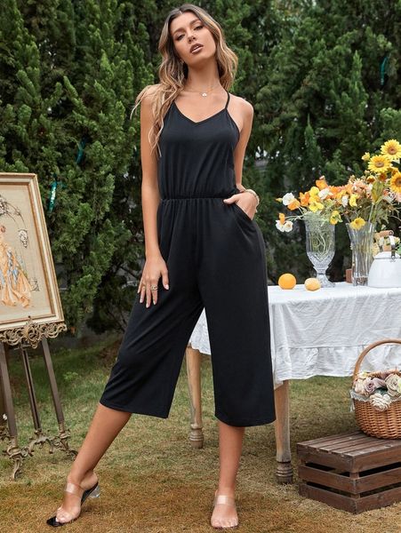 

slant pocket wide leg capri jumpsuit u41e#, White