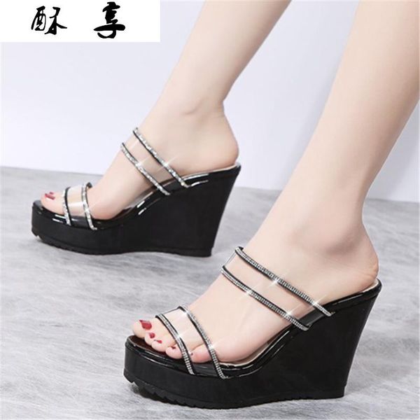 

women's sandals summer fashion large size wedges rhinestone shoes outdoor comfortable open toe slipper dress, Black