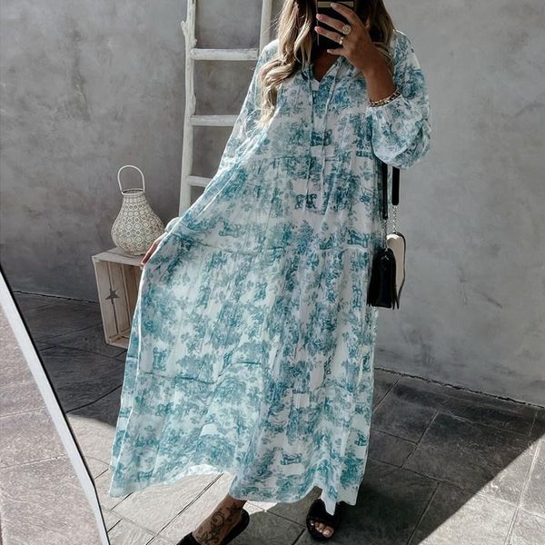 

casual dresses elegant lace-up drawstring dress summer fashion flower print long sleeve party women v neck loose maxi mujer, Black;gray