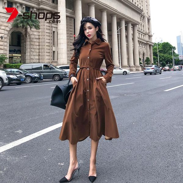 

casual dresses aecu dress female autumn spring women turn-down collar office lady corduroy vestido elegant vintage sashes, Black;gray