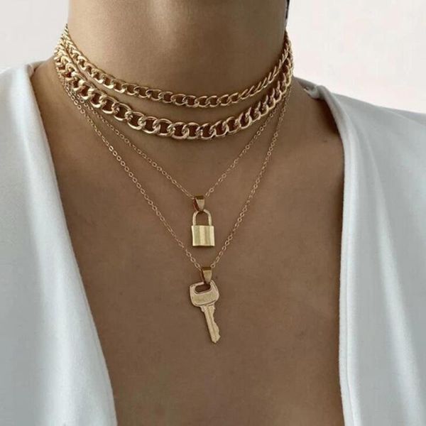 

pendant necklaces gold silver color multilayer thick chain necklace for women key lock aesthetic gothtic statement jewelry gift