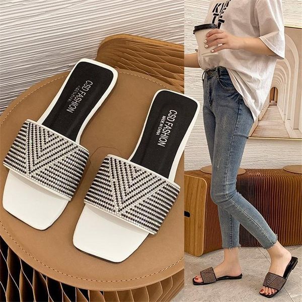 

summer low-heeled rhinestone decoration line-shaped outer wear fashionable slippers ladies, Black