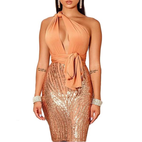 

women dress summer one-shoulder knotted hollow sequins sleeveless backless tight-fitting mini for ladies casual dresses, Black;gray